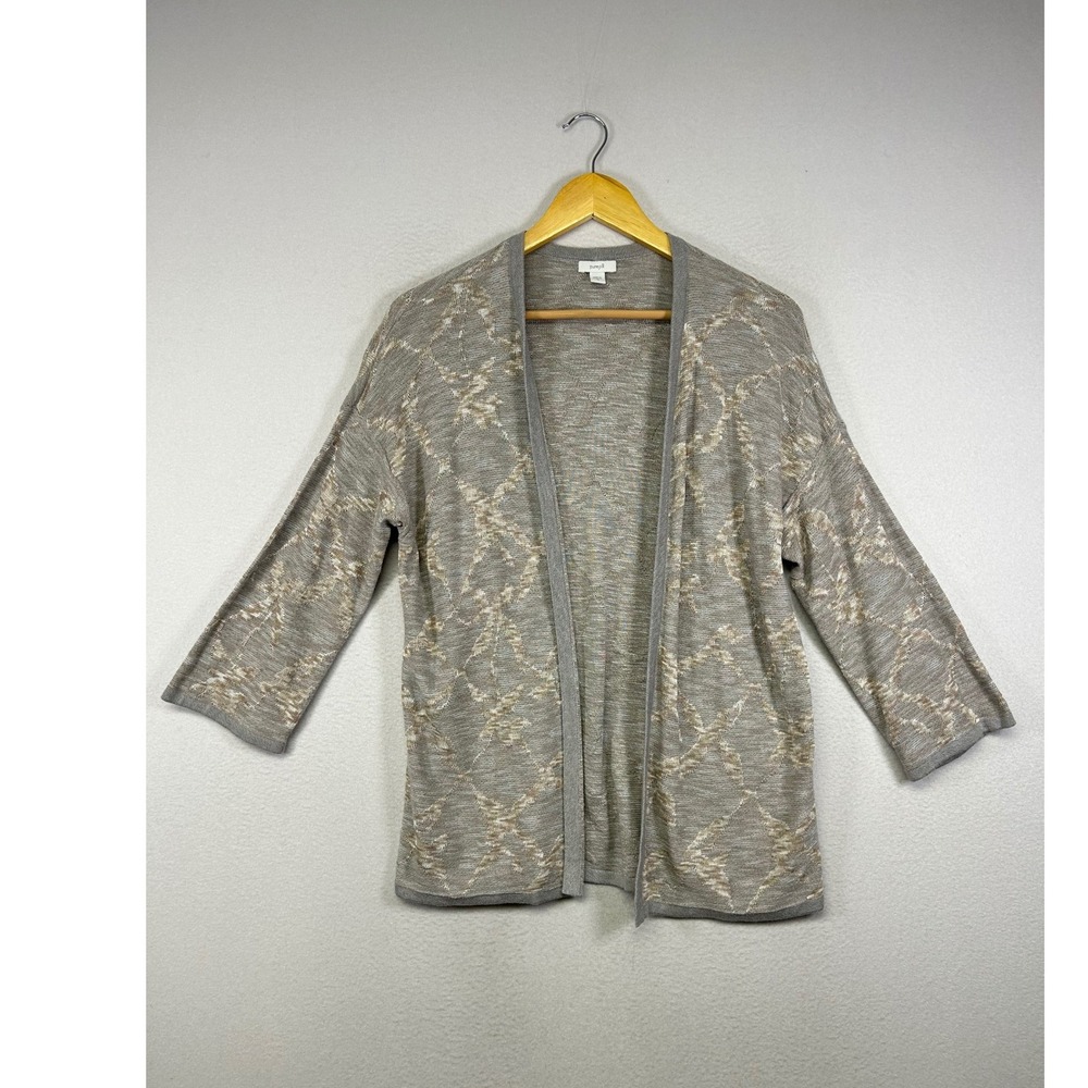 Coastal Minimalist Pure Jill Womens XS Grey Diamond Jacquard Open Front Cardigan